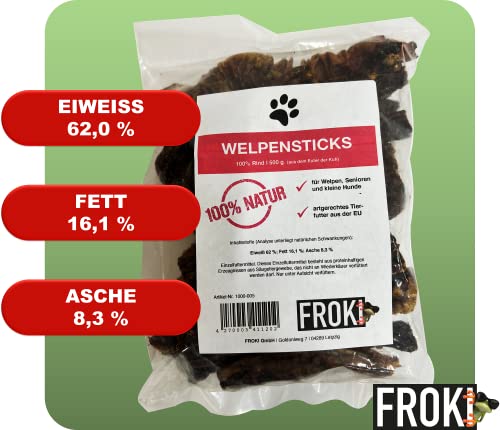 FROKI Premium Welpensticks vom Rinder-Euter für große & kleine Hunde 500g | 100% Rind | 100% Natürlich | Futter-Snack | Hunde-Leckerlis | Natur-Kausnack | Zahnpflege | ohne Zusatzstoffe