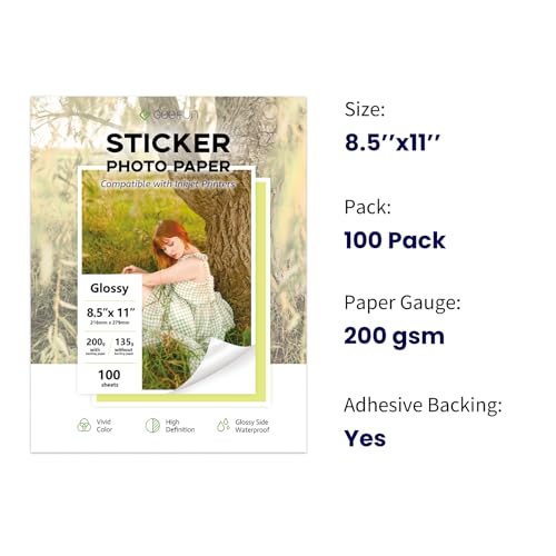 Glossy Sticker Paper for Inkjet Printer, Goefun Self-Adhesive Printable Photo Paper 8.5 x 11, 100 Sheets