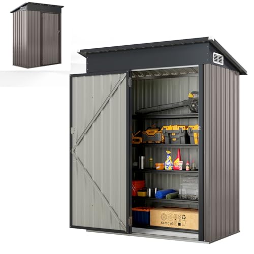 HOMASIS Gerätehaus Metall, Geräteschuppen mit Pultdach & Tür & 2 Lüftungsfenster, 150 x 88 x 185 cm, 1,5 m³, Gartenhaus mit 2 Paar Handschuhe, Gartenschuppen Gartenhütte Outdoor Wetterfest (Grau)