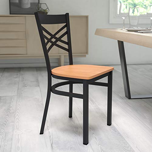 Image of Flash Furniture HERCULES Series Black ''X'' Back Metal Restaurant Chair - Natural Wood Seat