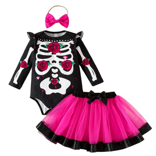 Kuriozud Halloween Outfit Clothes Toddler Baby Girl Skeleton Rose Long Sleeve Romper with Bow Headband Tulle Skirt 3Pcs Set