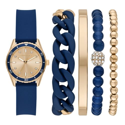 Skechers Women's Three Hand Silicone Watch & Interchangeable Band Gift Set, Blue Silicone and Gold Sports Watch for Women