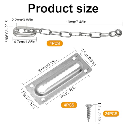 4 Stück Türkette, türkette ohne bohren,Türkette Edelstahl mit 24 passenden Schrauben, Türkettenschloss für Haustür, Tür-Sicherheitskette für Balkon, Wohnheim, Schlafzimmer, Schränke, Fenster, Motels