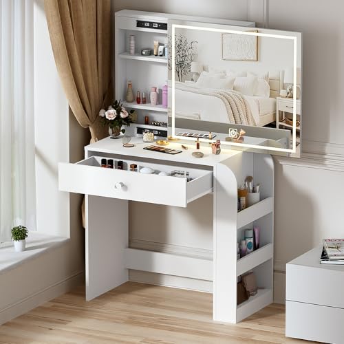 MSFE Escritorio Maquillaje con Espejo,Tocador con Luces LED y Espejo Deslizante,3 Colores y Brillo Ajustable,Tocador con Cajones,Escritorio de Tocador para Dormitorio de Niñas,81.2 * 40 * 135cm