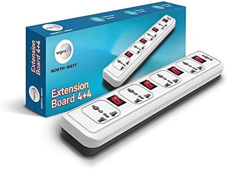 Wipro 4+4 Extension Board | 4 Sockets with Individual Switches | Spike Guard with Auto Cutoff | 2 Meter Long Cord | Child Safety Shutters | Fire Resistant Power Strip for Home & Office, Pack of 1
