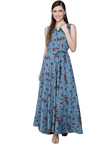 Image of Rudraaksha Women's Printed Maxi Dress Sleeveless Fit & Flare Long Dress || Western Dress for Women || Stylish Maxi Dress Dress || Summer Dress || Boho Printed Dress for Women