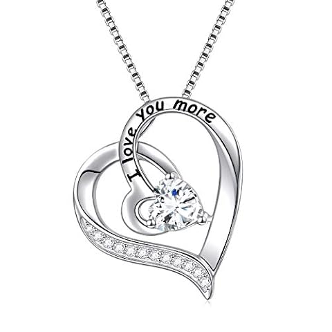 Flyow Biżuteria ze srebra wysokiej próby 925, grawerowana "I Love You to the Moon and Back Love You More nieskończoność" cyrkonia serce łańcuszek na szyję 40 cm, Srebro szterlingowe, Cyrkonia