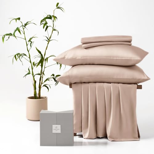 CUBE HOME - Luxury 4 pcs Bedding Set (200x200cm Duvet Cover + 2 75x50cm Pillowcases + Deep Pocket Fitted Sheet) 100% Natural Bamboo Soft Cooling Anti-Allergy Anti-Bacterial Double Bed Camel