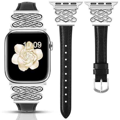 Image of Newlibery Leather Band for Women Slim Dressy Bands Compatible with Apple Watch 38mm 40mm 41mm 42mm 44mm 45mm 49mm, Designer Interlock Buckle Strap for iWatch Series 10 /9 /8 /7 /6 /5 /4 /3 /2 /1 /SE /Ultra
