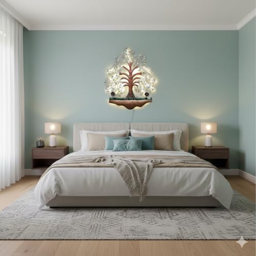 Image of Bharat Art Metal LED Tree Wall Art | Handcrafted Iron Tree Wall Hanging for Living Room, Bedroom, Hall & Office Pesto Tree White B, 31 x 2 x 40 Inch | WD056 (B)