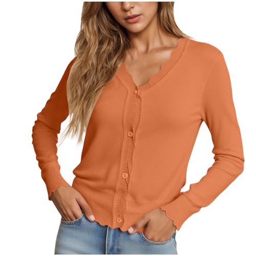 Women's Cardigan Sweater V Neck Lightweight Button Front Knit Tops Orange - image 2