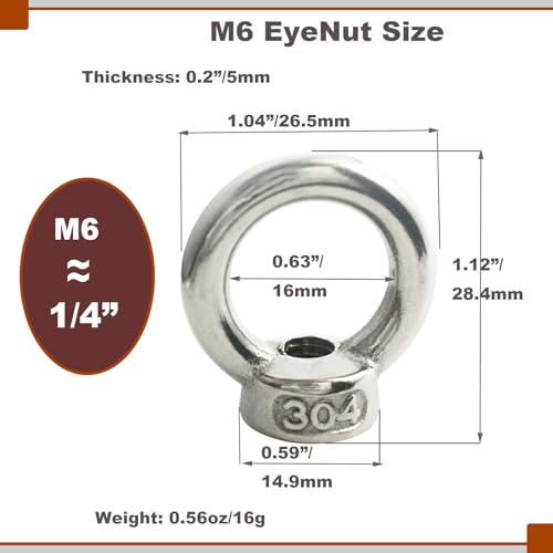 Image of M6 (1 /4 inch) EyeNut Stainless Lifting Eye Nuts Thread Ring Shoulder for Mounting Anchor Point,10 Packs