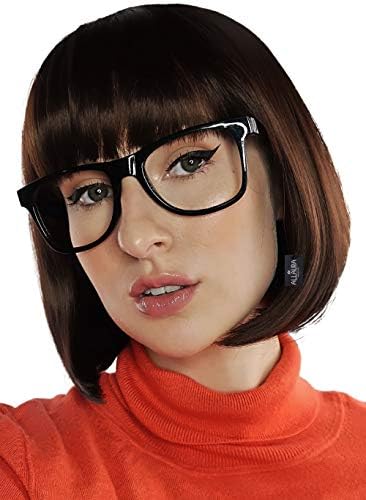 ALLAURA Compatible with Velma Wig – Brown Bob Wig with Glasses for Women – Cosplay, Flapper Wig with Bangs, Cartoon Detective Look, Halloween Costume, Dora Style, Retro Nerdy Outfit Accessory Velma Brown Bob Wig + Black Glasses