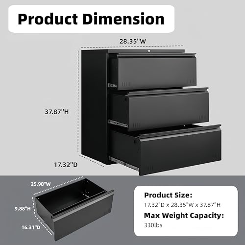 Image of Guizeeopo Metal File Cabinet with Lock, 3 Drawer Lateral File Cabinets for Home Office, Heavy Duty Office Storage Cabinet for A4 /Letter /Legal Size, Assembly Required(Black)