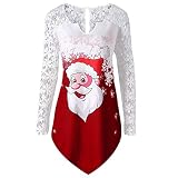 Blusa De Navidad Señoras Panel De Encaje De Tops Vintage Santa Claus Moda Manga Larga Tops Suéter Informal Camisa con Estampado De Árbol De Navidad De Época (Color : T_Winered, Size : L)