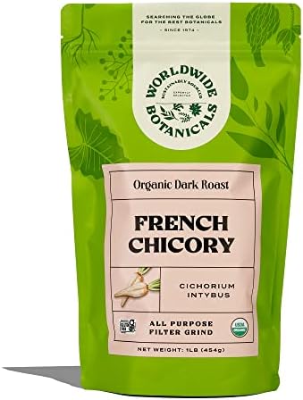 Worldwide Botanicals Organic French Chicory Root - Dark Roast, Brew Like Coffee, Blend Roasted Chicory Root With Coffee, Coffee Alternative, Acid Free, Caffeine Free, Kosher, 1 Pound