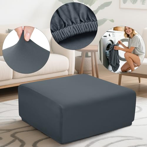 Image of YISUN Super Stretch Square Ottoman Cover - Soft Form Fit Ottoman Slipcover for Foot Stool & Folding Storage, Washable Furniture Protector with Non-Slip Elastic Bottom (L, Dark Grey)