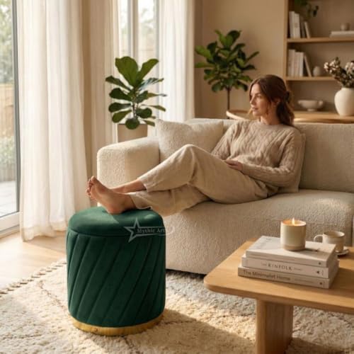 Image of Mythic ArtsRound Upholstered Sitting Stool & Footrest Velvet Storage Ottoman Pouffe13 X 13X 16 inch | Versatile Puffy for Living Room, Bedroom, and Office ? Chic Home Furnishings & Dcor Dark Green
