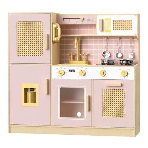 Babytronic Wooden Kitchen Playset for Kids - Pink Pretend Play Kitchen with Lights & Sounds, Retro Style Toy Kitchen for Toddlers Ages 3+, Wooden Play Kitchen Set with Realistic Design (Pink)