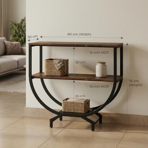 Image of Modern Console Table for Entryway, Brown Wood Finish Top with Black Metal Frame | Narrow Console Table with Storage Shelf | Wooden MDF Console Tables for Living Room, Bedroom & Home Decor | DIY