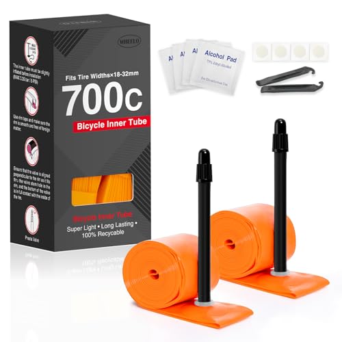 Paquete de 2 tubos interiores de TPU 700C × 23-35C para bicicleta, ultraligero (ALLRoad y Gravel) con válvulas Presta de 65 mm para bicicleta de carretera (incluye kit de reparación de parches de tubo