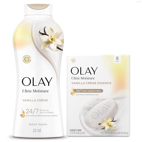 Image of Olay Body Wash + Beauty Bar (Pack of 8) Bundle for Women, Vanilla Creme Scent, Ultra Moisture, 24 /7 Moisture Barrier Repair, 24 /7 Soft & Smooth Skin, For All Skin Types, 22 fl oz & 3.75 oz (Pack of 2)