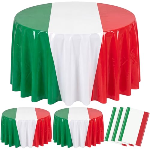 Image of Hahafelt 3 Pcs Italian Flag Plastic Tablecloth 84 Inch Round Red White and Green Disposable Table Cover Italy Circular Table Cloth for Italy Family Gathering Kitchen Decoration