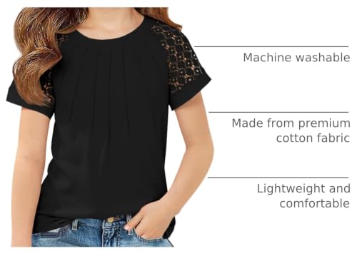 Image of Girls Pleated T Shirts Kids Fashion Lace Sleeve Summer Tops 5-14 Years | Casual Crewneck Blouse,Fashion Clothes