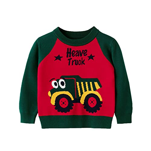 Boys Knitted Cardigan for Kids Toddler Boys Girls Patchwork Colour Cartoon Car Print Sweater Long (Red, 6-7 Years)