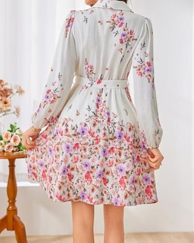 Image of Women Long Sleeve Spring Button Down A-Line Floral Print Summer Cocktail Shirt Dresses with Belt