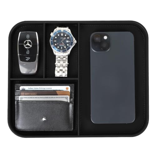 V-CUBE Designs Premium Vegan Leather Valet Tray|Stylish & Modern Office Desk Tray| Table/Bedside/Entryway Organiser for everyday essentials like Keys, Phone, Watch, Wallet, Jewellery|Spill-Proof|Black
