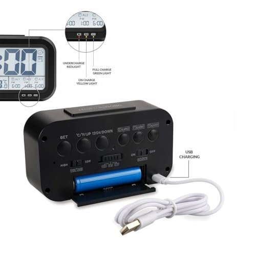 Image of Bulfyss USB Rechargeable Digital Alarm Clock, Date, Temperature, Backlight LCD Display Smart Clock with 3 Alarms Bedroom Table Desk (Black)