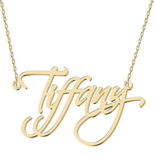 UMAGICBOX Personalized Tiffany Name Necklace 18K Gold Plated Stainless Steel Custom Engraved Dainty Nameplate Pendant Jewelry Customized Birthday Gifts for Women Girls Mother Daughters