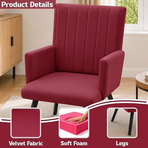 Image of Rosebell Modern Accent Chair for Living Room | Single Seater Chair with Armrests & Metal Legs | Comfortable Lounge Chair for Bedroom, Reading & Office | Red