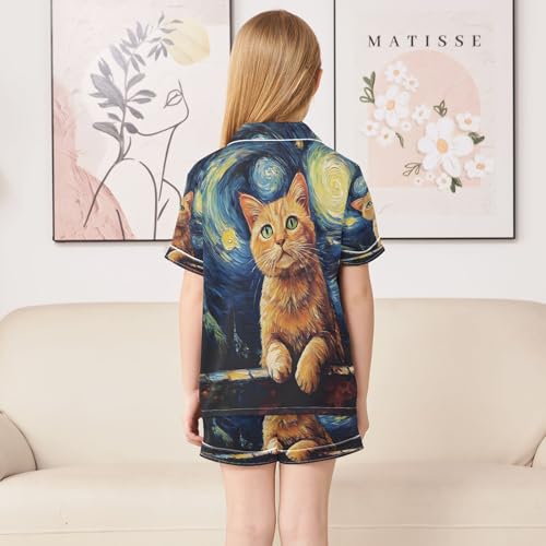 ALAZA Cat Moon Galaxy Oil Painting Van Gogh Satin Pajamas Set Short Sleeve Button Down Sleepwear Summer Pjs 2 Piece4