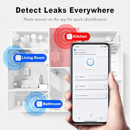WiFi Water Sensors - 110dB Detector with Real-time APP Notifications | 5Pack Leak Alarm with Remote Control, 2.4G Sensors for Home - Thumbnail 4