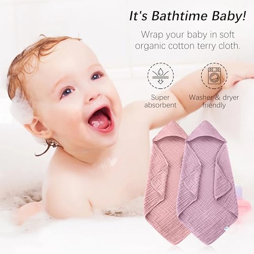 Image of SWEET DOLPHIN Muslin Hooded Baby Bath Towels - 2 Pack 100% Cotton Towel for Babies, Infants, Toddlers - 32x32Inch - Highly Absorbent and Newborn Essential, Light Sakura