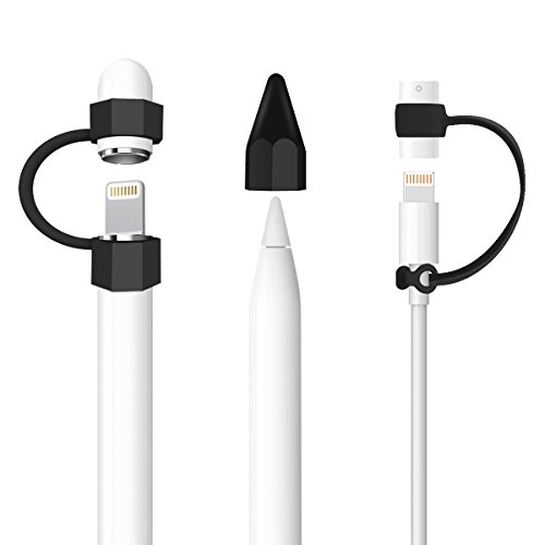 Hanlesi Apple Pencil Cap Holder,[3-Piece] Apple Pencil Accessories Waterproof Protect Cap for Apple Pencil Soft Silicone Elastic Apple Pencil Holder Nib Cover/Charging Cable Adapter Tetherhah,Black