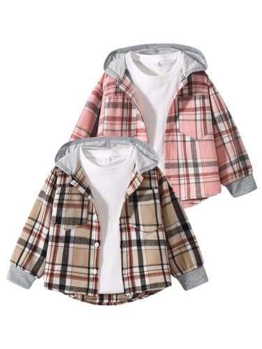 2 Pcs Girls Plaid Shirt Casual Button Down Shirts Long Sleeve Hoodies Tops for 3-12Years