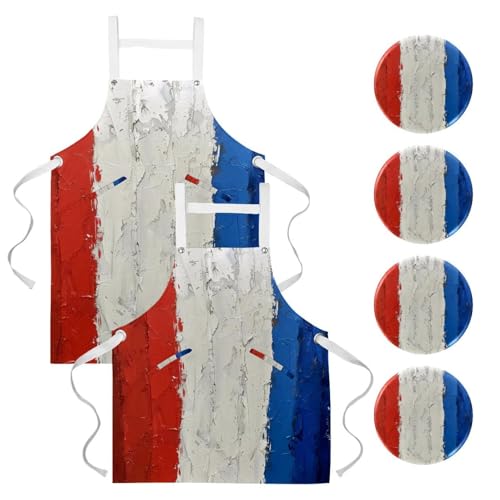 Lot de 2 tabliers de cuisine à rayures rouge blanc bleu avec 4 broches pour la maison
