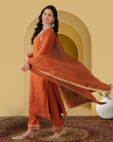 Image of Amazon Brand - Tavasya Women Silk Blend Zari Sequence Embroidered Kurta with Pant and Dupatta |Ethnic Wear