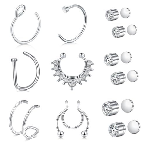 JFORYOU Silver Fake Nose Ring Fake Septum Fake Nose Ring Hoop for Women Faux Nose Piercing Spring Clip on No Pierced Non Piercing Faux Body Piercing Jewelry for Women Men