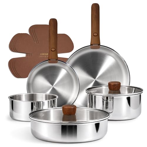 Image of CAROTE 13 PCS Tri-Ply Stainless Steel Cookware Set with Detachable Handle, Pots and Pans Set, Induction Kitchen Cooking Sets, RV/Camping Cookware, Oven Safe