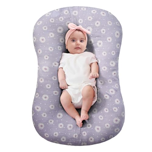 Image of FUNUPUP Muslin Baby Lounger Cover Only, Purple Daisy | 100% Muslin Cotton Soft Breathable Easy On /Off Envelope Closure Machine Washable Easy-Clean Protector Neutral Colors
