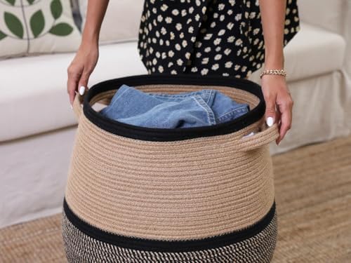 Image of Storage Cotton Rope Basket and Laundry Hamper for Dirty Clothes, Towels, Blankets, Pillows Storage in Living Room, Laundry Room and Bedroom (Beige Black With Lid, 14x16 Inch)