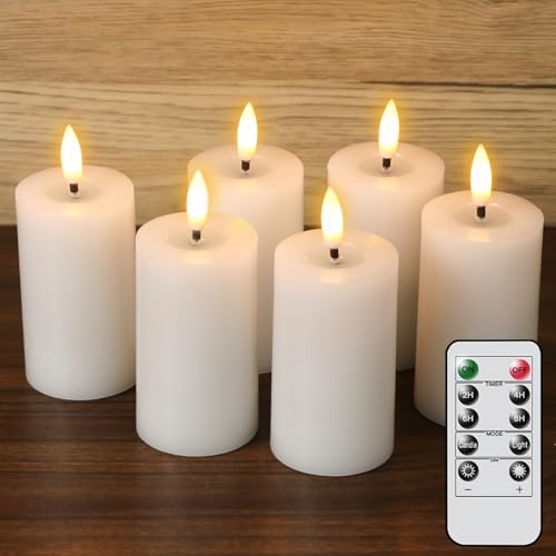 Image of 4.5 inch Flameless LED Pillar Candles with 10-Key Remote and Timer 6 Pack Small White Real Wax Battery Operated Candles 3D Wick Flickering Warm Light Wedding Dinner Holiday Decor