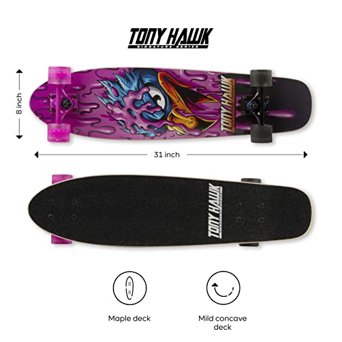 Image of Tony Hawk 31 inch Complete Cruiser Skateboard, 9-ply Maple Deck Skateboard for Cruising, Carving, Tricks and Downhill, Pink Hawk