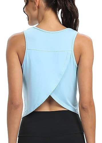 Image of Mippo Workout Tops for Women Cropped Open Back Sleeveless Tank Tops Athletic Gym Yoga Shirts Loose Fit