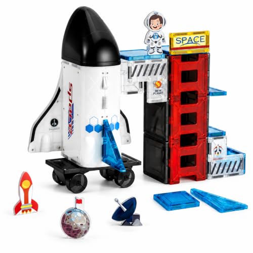 VROGTIK Space Magnetic Tiles for Kids 30 PCS Rocket Ship & Space Station Building Blocks Set with Astronaut STEM Construction Toy Educational Gift for Boys Girls Ages 3-8