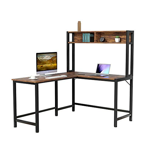 L-Shaped Desk with Hutch, 55 Inch Corner Computer Desk Gaming Table Workstation with Storage Shelves Bookshelf, Study Writing Space Saving Desk for Home Office (Rustic)